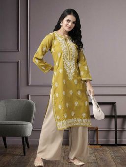 ADA - Hand Embroidered Olive Cotton Lucknow Chikankari Kurta (XS) (A207102)