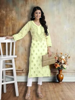 ADA - Hand Embroidered Lemon/White Cotton Lucknow Chikankari Kurta With Trouser (Set of 2) [A811183]