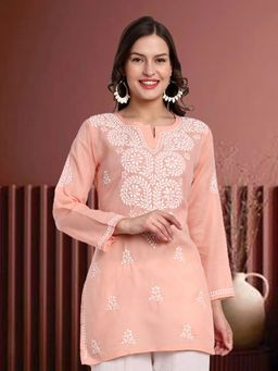 ADA - Hand Embroidered Lucknowi Chikankari Ethnic Motifs Peach Cotton Kurti