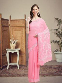 ADA - Embroidered Pink Georgette Lucknow Chikan Saree With Unstitched Blouse (A204361)