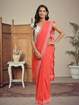 ADA - Pink Georgette Lucknow Embroidered Chikan Saree With Unstitched Blouse (A219386)