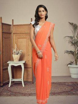 ADA - Rust Georgette Lucknow Embroidered Chikan Saree With Unstitched Blouse (A311134)