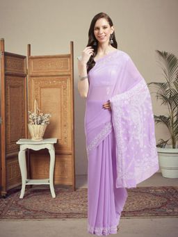 ADA - Lavender Georgette Lucknow Embroidered Chikan Saree With Unstitched Blouse (A183248)