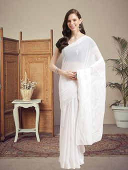ADA - White Georgette Lucknow Embroidered Chikan Saree With Unstitched Blouse (A191787)