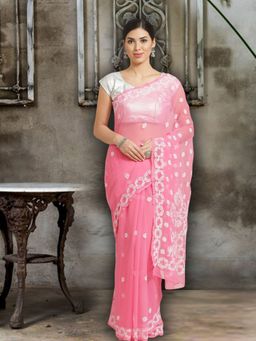 ADA - Pink Faux Georgette Lucknow Embroidered Chikan Saree With Unstitched Blouse (A219455)