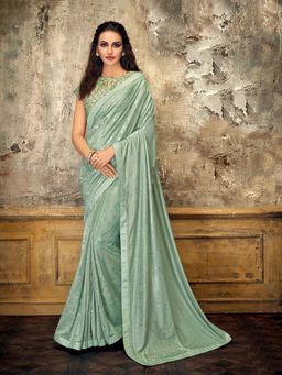 Odette - Aqua Blue Embossed Lycra Designer Saree with Unstitched Blouse