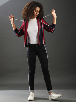 Campus Sutra - Multi Color Women Zipper Striped Stylish Casual Hooded Sweatshirts