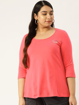 theRebelinme - Plus Size Womens Peach Solid Color Round Neck Cotton 3/4th Sleeve T-Shirt