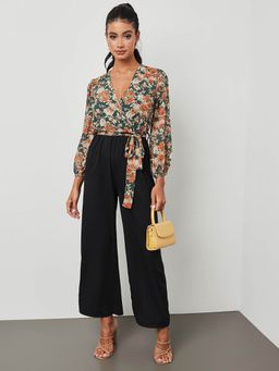 Styli - Green Floral Print Long Sleeves Jumpsuit With Tie Belt (Set of 2)