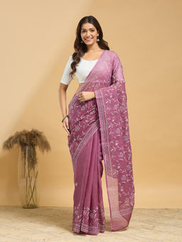 Fabindia - Purple Cotton Silk Blend Chikankari Saree