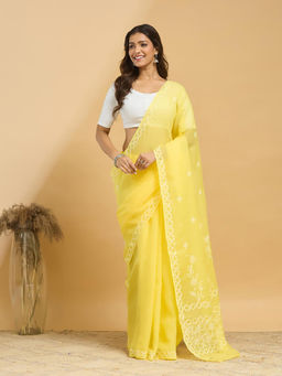 Fabindia - Yellow Cotton Silk Blend Shadowed Artistry Chikankari Saree