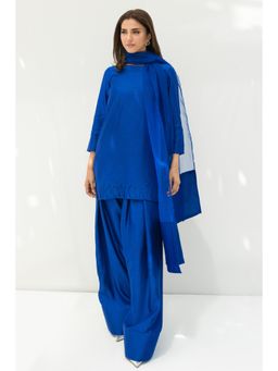 Khushboo & Pankaj - Electric Blue Solid Farshi Kurta and Salwar with Dupatta