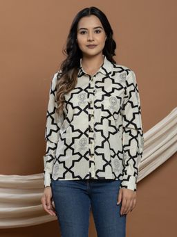 VEDANA - Pure Cotton Floral Printed Shirt - Cream