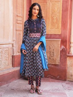 Indisangam - Navy Embroidery Modal Kurta Pant With Dupatta
