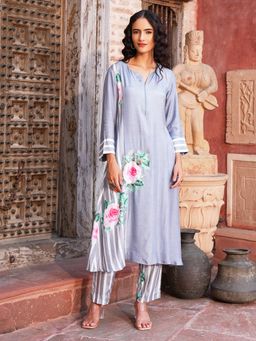 Indisangam - Grey Patch Work Muslin Kurta And Pant