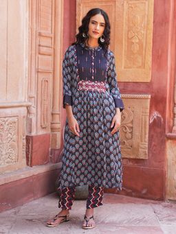 Indisangam - Navy Blue Embroidery Modal Kurta And Pant
