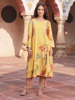 Indisangam - Mustard Floral Printed Muslin Kurta And Pant