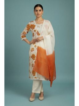Zari Jaipur - Women Cream Floral Kurta Pant And Dupatta