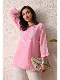FASHIONABLE CHIKAN HANDIKRAFT - Women's Pink Cotton Hand Embroidered Short Kurti