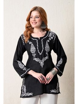 FASHIONABLE CHIKAN HANDIKRAFT - Women's Black Cotton Hand Embroidered Short Kurti
