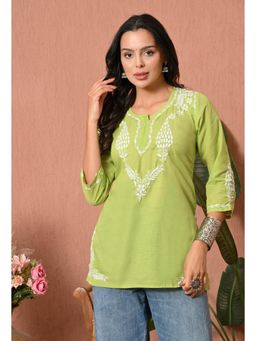 FASHIONABLE CHIKAN HANDIKRAFT - Women's Green Cotton Hand Embroidered Short Kurti