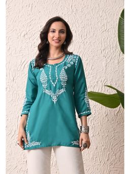 FASHIONABLE CHIKAN HANDIKRAFT - Women's Teal Cotton Hand Embroidered Short Kurti