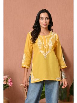 FASHIONABLE CHIKAN HANDIKRAFT - Women's Yellow Cotton Hand Embroidered Short Kurti