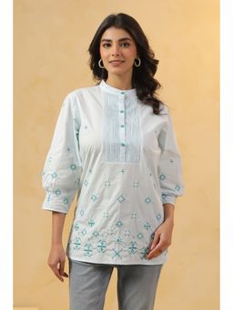 SAVI - Sky Blue Popline Embroidered Top