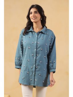 SAVI - Blue Cotton Embroidered Designer Shirt