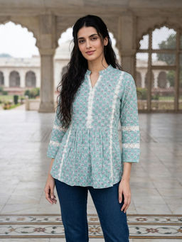 Missprint - Women Blue Handblock Mandarin Cotton Top