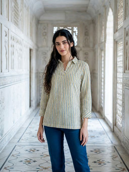 Missprint - Women Ivory Multi-Color Striped Cotton Top