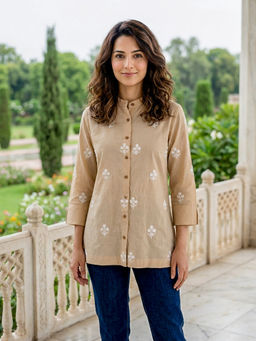 Missprint - Women Beige Hand-Embroidered Shirt