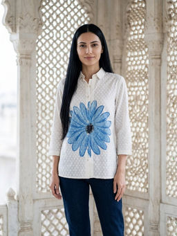 Missprint - Women White Hand-Painted Jacquard Cotton Shirt