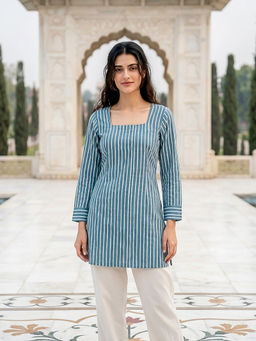 Missprint - Women Blue Handblock Short Kurti