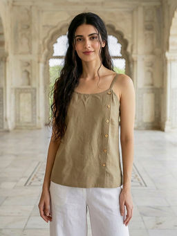Missprint - Women Olive Linen Cotton Noodle-Strap Cotton Top