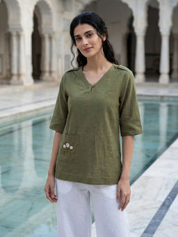 Missprint - Women Olive Hand-Embroidered V-Neck Cotton Top