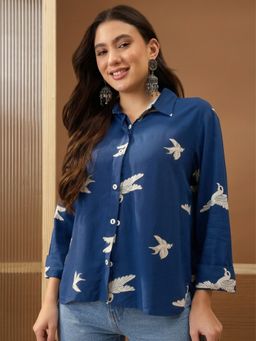 Stylum - Women's Blue Solid Printed Rayon High-Low Shirt
