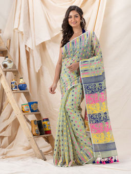 Angoshobha - Traditional Olive Soft Dhakai Jamdani Saree with Unstitched Blouse