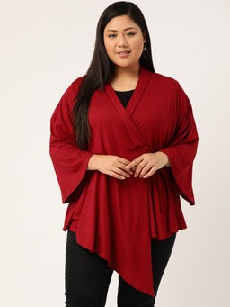 theRebelinme - Plus Size Womens Maroon Solid Colour Asymmetric Wrap Top