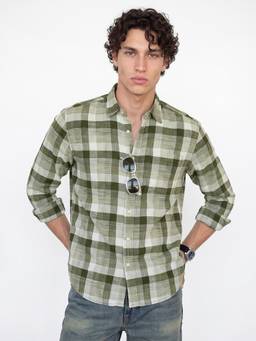 max - Olive Men Checked Regular Fit Shirt