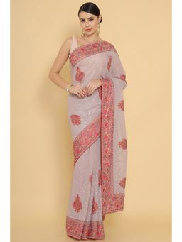 Soch - Grey Embroidered Designs Georgette Saree with Unstitched Blouse