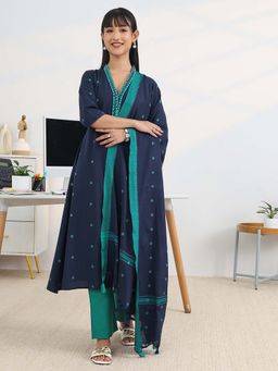 Gerua By Libas - Blue Cotton Blend Three Fourth Sleeves Kurta With Pant & Dupatta