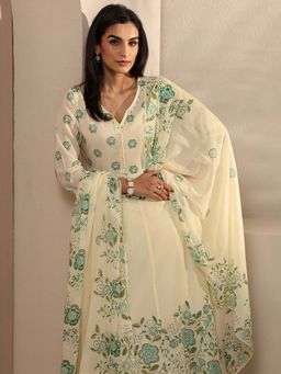 Libas - Floral Printed Cotton Blend Anarkali Kurta And Pant With Dupatta