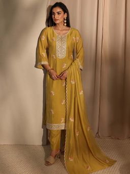 Libas - Mustard Floral Motif Embroidered Straight Kurta With Pant & Dupatta
