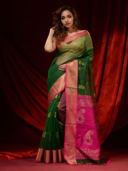 CHARUKRITI - Sap Green Muslin Paisley Motifs and Zari Woven Designs Saree with Unstitched Blouse