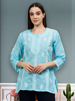 Seva Chikan - Embroidered Blue Terivoil Cotton Lucknowi Chikankari Kurti
