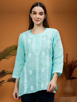 Seva Chikan - Embroidered Sea Green Terivoil Cotton Lucknowi Chikankari Kurti