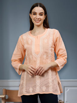Seva Chikan - Embroidered Apricot Peach Terivoil Cotton Lucknowi Chikankari Kurti