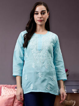 Seva Chikan - Embroidered Blue Terivoil Cotton Lucknowi Chikankari Kurti