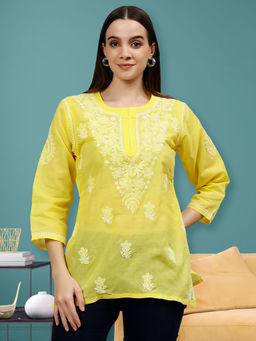 Seva Chikan - Embroidered Yellow Terivoil Cotton Lucknowi Chikankari Kurti